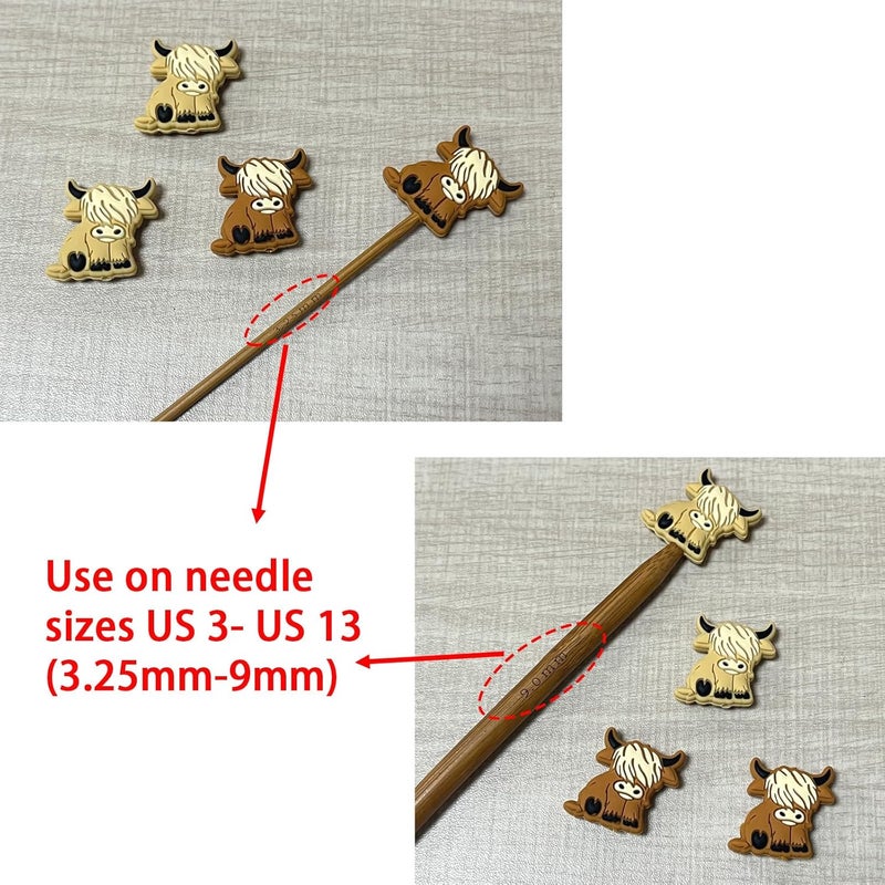 spansee 4 PCS Highland Cow Shape Stitch Stoppers, Knitting Needle Stoppers, Knitting Needle Point Protectors, Knitting Needle End Caps, Knitting Notions fit Size 3-13 (3.25mm-9mm) Needles - Image 3